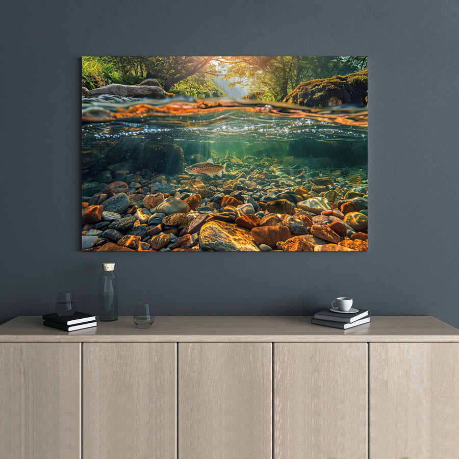 Trout Fishing River Canvas Art | Split Level Underwater Nature View | Premium 1.25" Gallery Wrap | Perfect Gift for Fly Fisherman