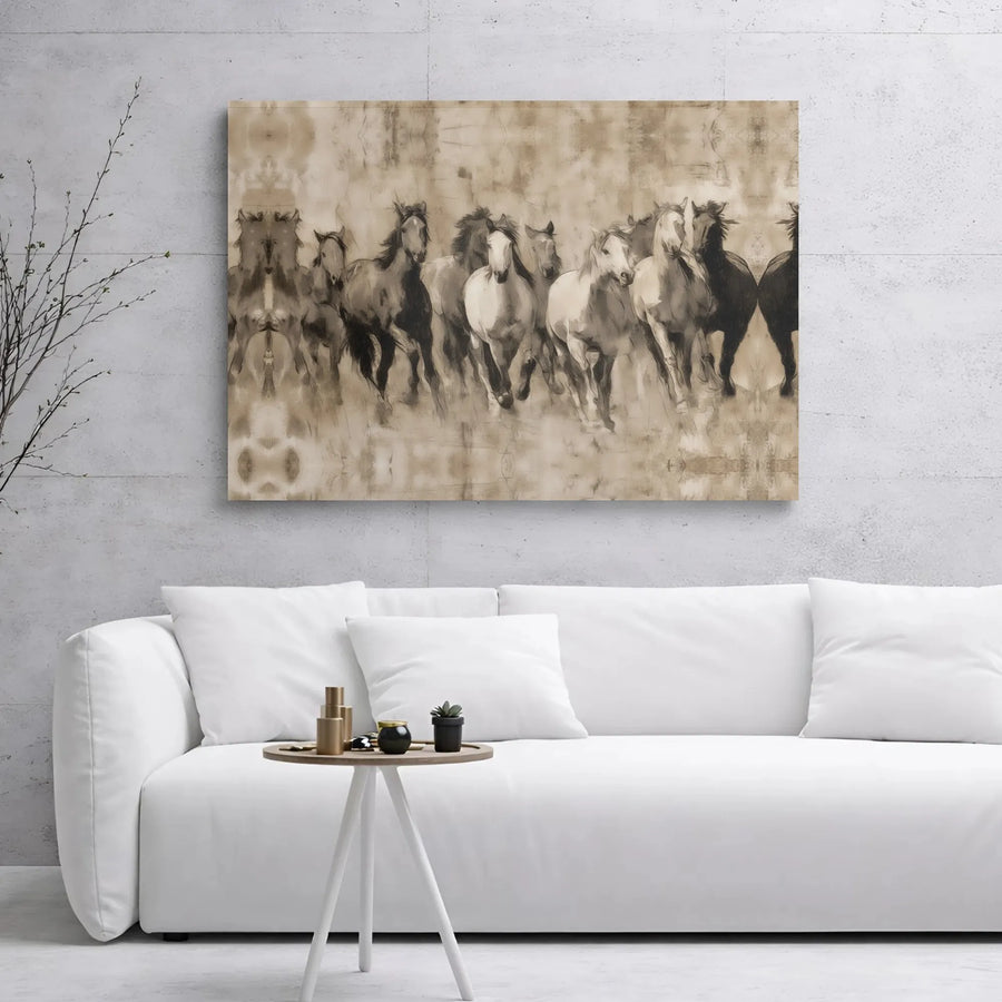 Running Horse Canvas Wall Art | Sepia Tone Wild Equine Herd | 1.25" Gallery Wrap Premium Print | Rustic Western Home Office Decor Gift