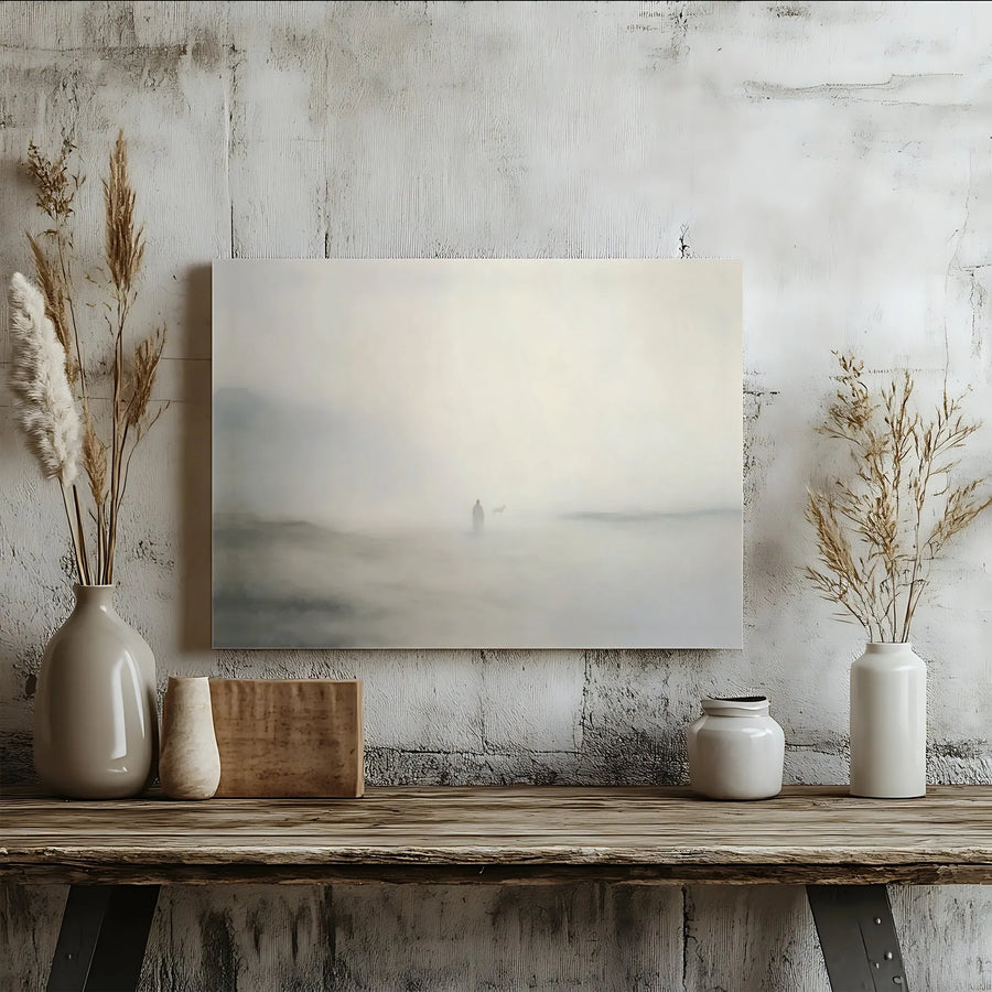 Atmospheric Landscape Canvas Print | Ethereal Figure with Wolf in Mist | Premium Gallery Wrapped Canvas | Modern Minimalist Home Decor Gift