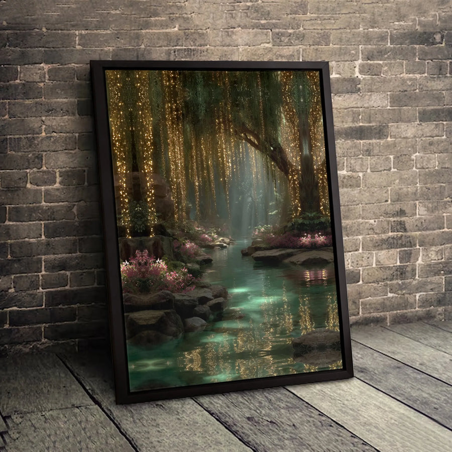 Enchanted Forest Canvas Wall Art | Fairy Light Weeping Willow River Print | 1.25 Inch Gallery Wrap | Magical Nature Home Decor Gift