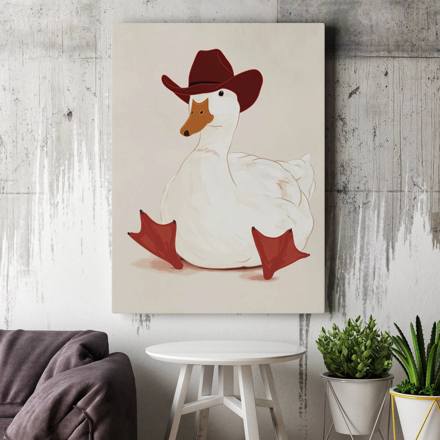 Cowboy Goose Canvas Wall Art | Whimsical Duck in Red Hat Print | Premium Gallery Wrapped Decor | Funny Farmhouse Animal Gift for Kids or Nursery