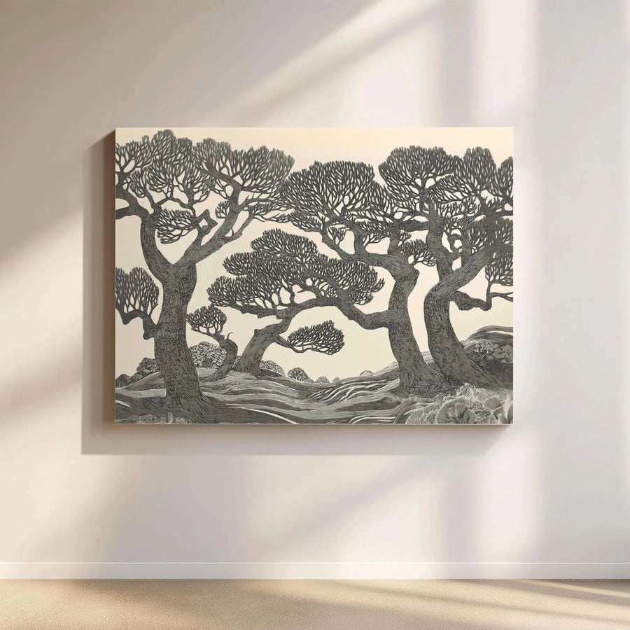 Gnarled Tree Landscape Canvas Wall Art | Woodcut Style Nature Print | Premium 1.25” Gallery Wrap | Modern Home Office Decor