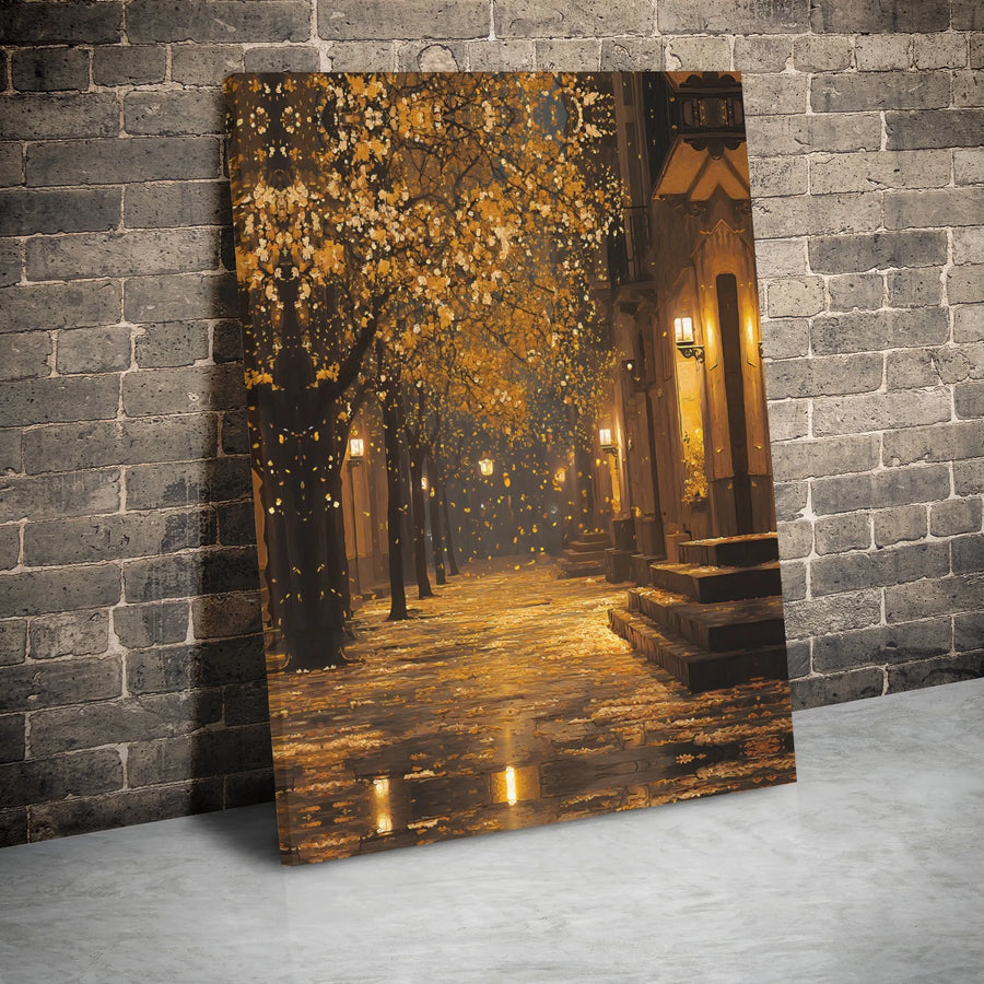 Autumn Street Canvas Wall Art | Romantic Golden Cityscape Lantern Decor | Premium Gallery-Wrapped Print | Cozy Home & Office Seasonal Gift