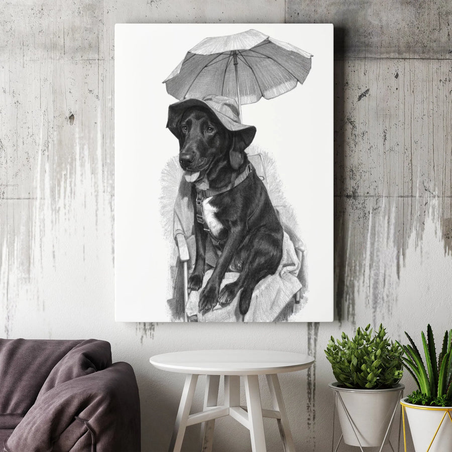 Black Labrador Dog Art Print | Whimsical Pencil Sketch with Hat and Umbrella | 1.25 Inch Gallery Canvas | Premium Dog Lover Wall Decor Gift