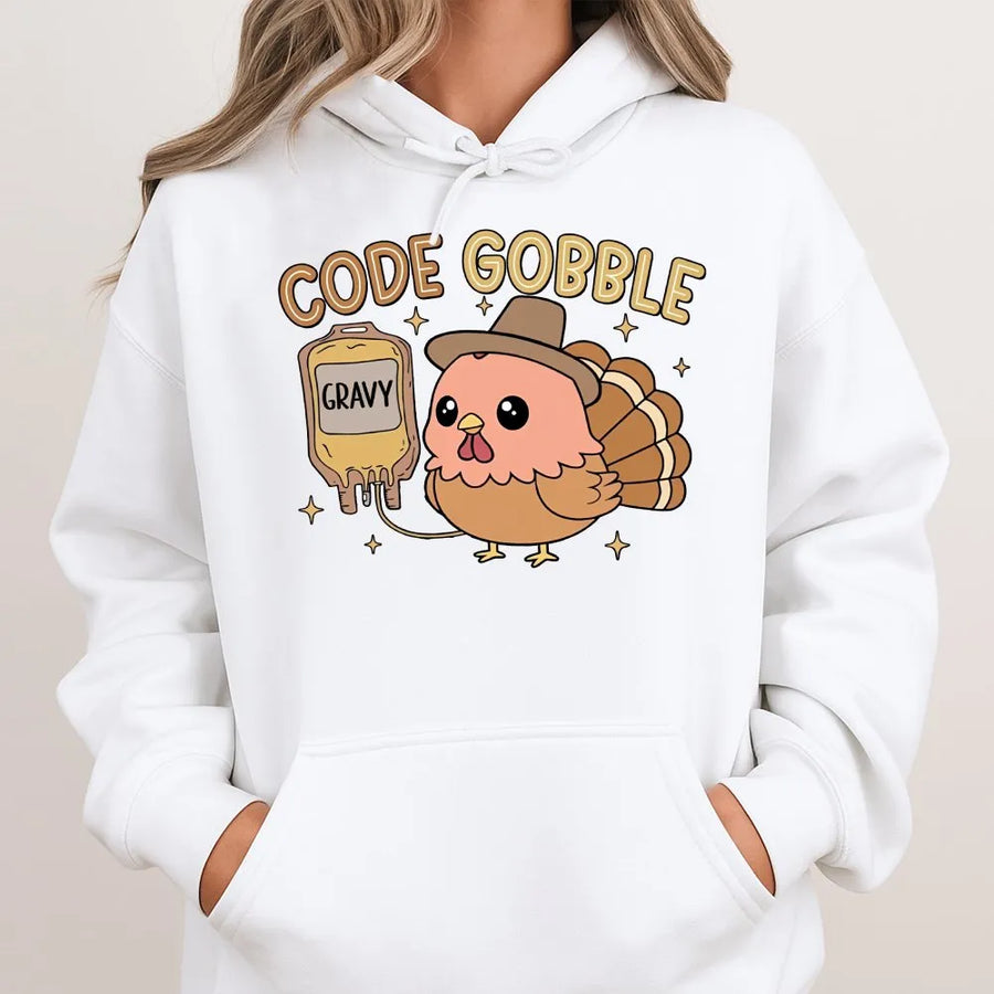 Funny Nurse Thanksgiving Hoodie | Code Gobble Turkey Graphic | Premium Cotton Blend Sweatshirt | Gift for RN CNA ER Nurse Crew