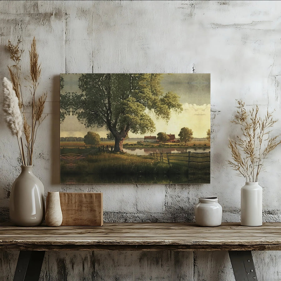 Vintage Farmhouse Landscape Canvas Art | Countryside Pond and Oak Tree Scene | 1.25 Inch Premium Gallery Profile | Rustic Home Decor Wall Print