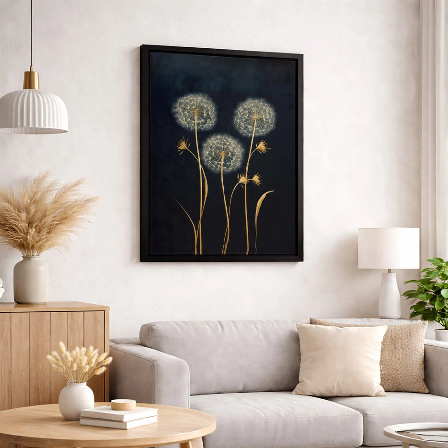 Dandelion Botanical Canvas Wall Art | Golden Floral Print on Dark Navy | Gallery-Quality 1.25-inch Profile | Modern Living Room Decor Gift