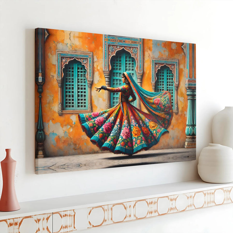 Indian Kathak Dancer Canvas Wall Art | Vibrant Traditional Floral Lehenga Print | 1.25 Inch Gallery Wrap | Cultural Home Decor Gift
