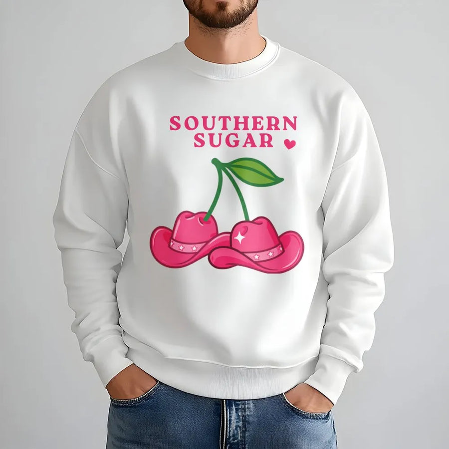 Southern Sugar Sweatshirt | Pink Cherry Cowboy Hat Graphic | Soft Cotton Blend Unisex Pullover | Trendy Country Western Gift for Cowgirl