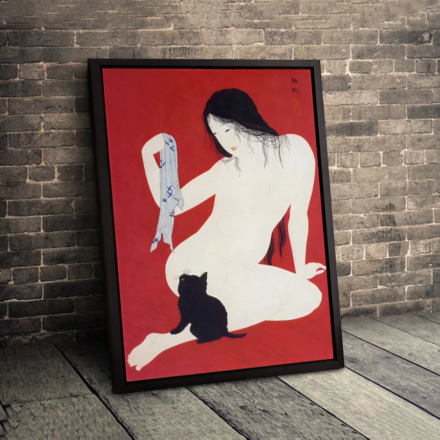 Japanese Woodblock Art Print | Tsuchiya Koitsu Yuagari After the Bath Nude with Black Cat | Premium Gallery Wrap Canvas | Vintage Aesthetic Home Decor