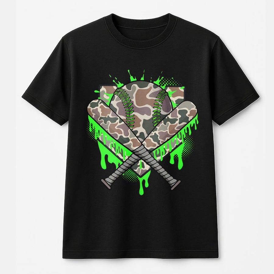 Camo Baseball T-Shirt | Neon Green Drip Graphic | Premium 100% Cotton Tee | Gift for Baseball Players and Fans