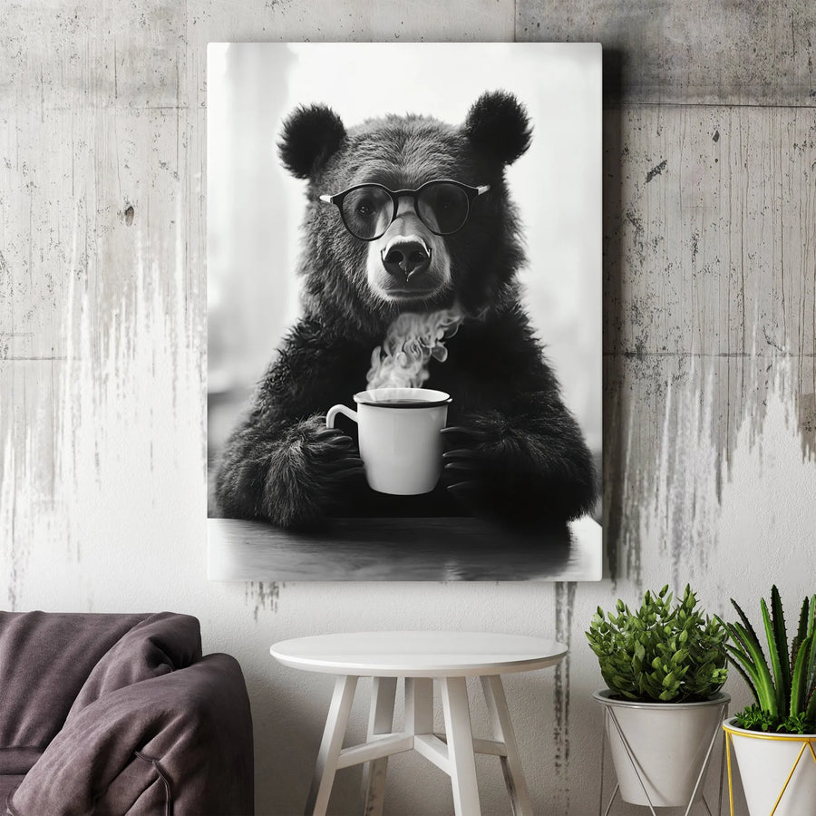 Bear Drinking Coffee Canvas Art | Modern Black And White Animal Portrait | Premium Gallery Wrapped Decor | Unique Office Gift For Coffee Lovers