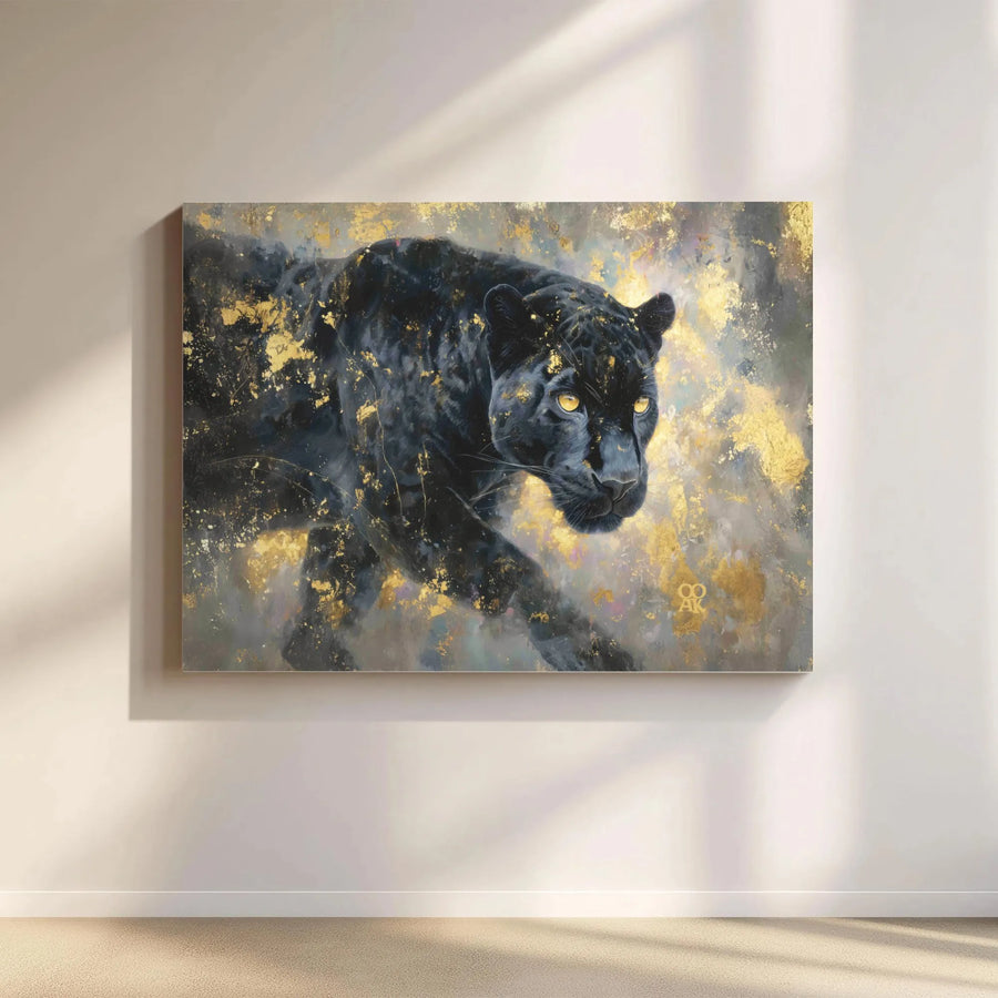 Black Panther Canvas Wall Art | Luxury Gold Accent Painting | Premium Gallery Wrapped Canvas | Modern Wildlife Wall Decor Gift
