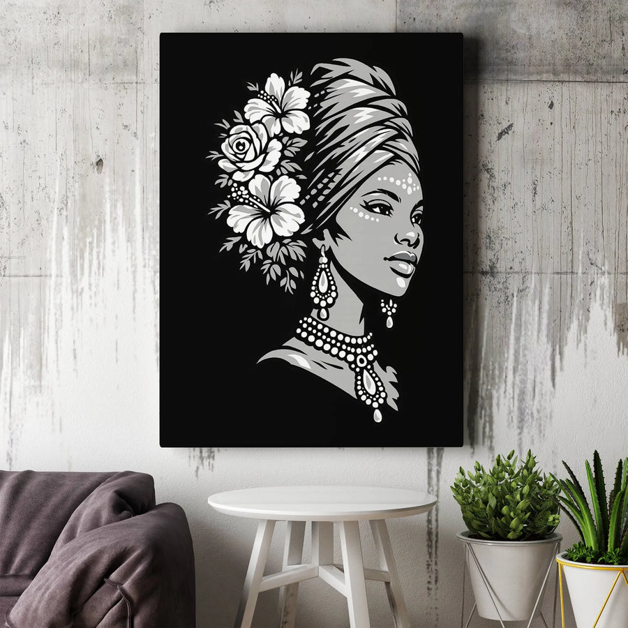 African Woman Canvas Print | Monochrome Floral Headdress Portrait | Premium Fade-Resistant Print | Afrocentric Home Decor Gift