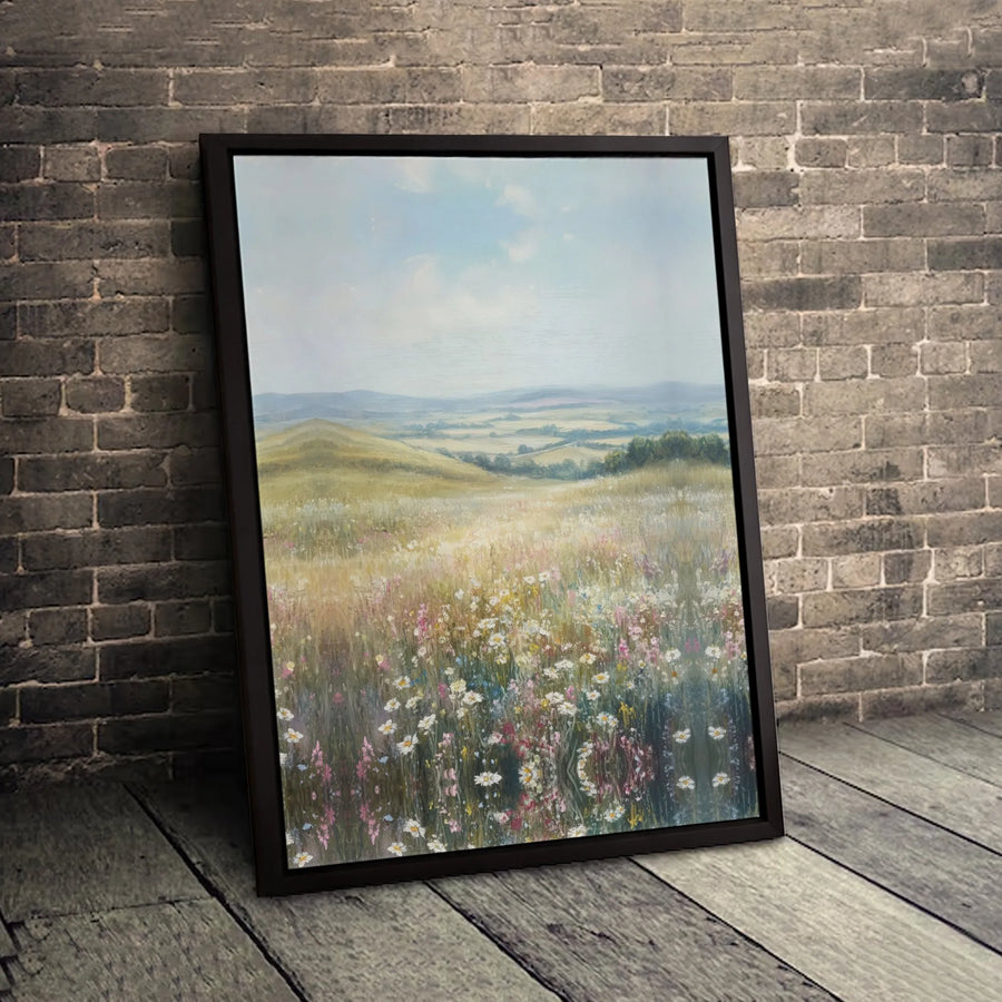 Wildflower Meadow Landscape Canvas | Impressionist Rolling Hills Wall Art | Premium Gallery-Wrapped Print | Nature Decor For Home Or Office