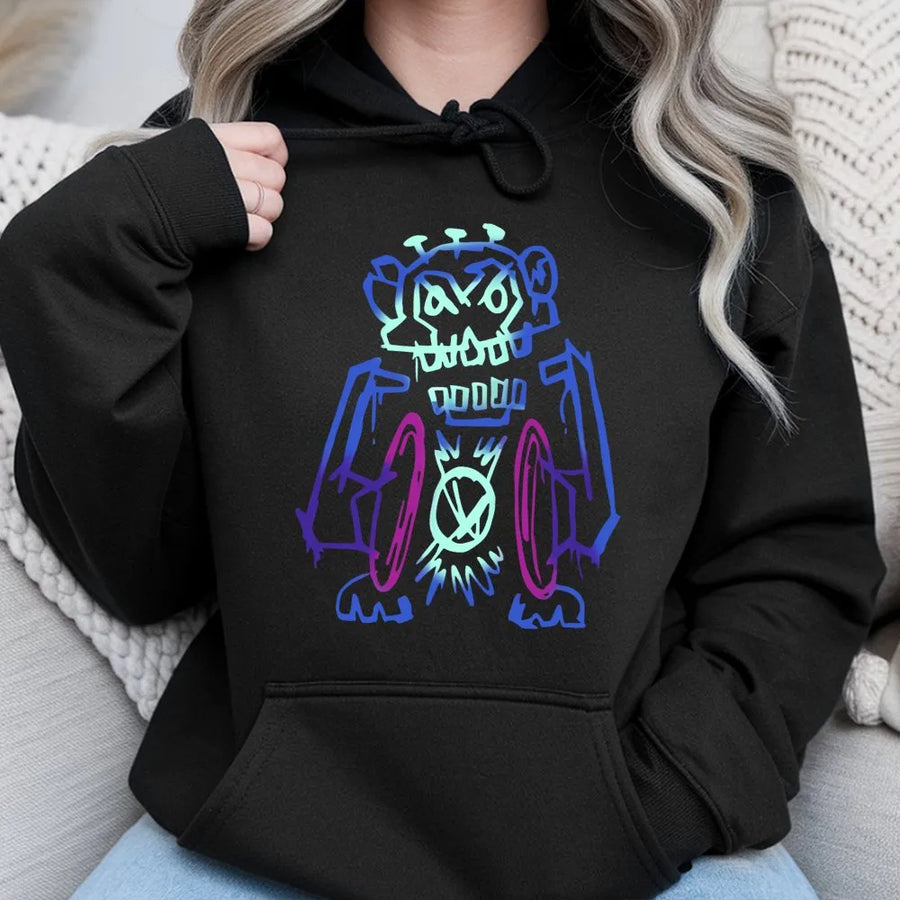 Graffiti Robot Hoodie | Neon Urban Street Art Design | Premium Cotton Blend | Gamer Apparel Gift for Men and Women