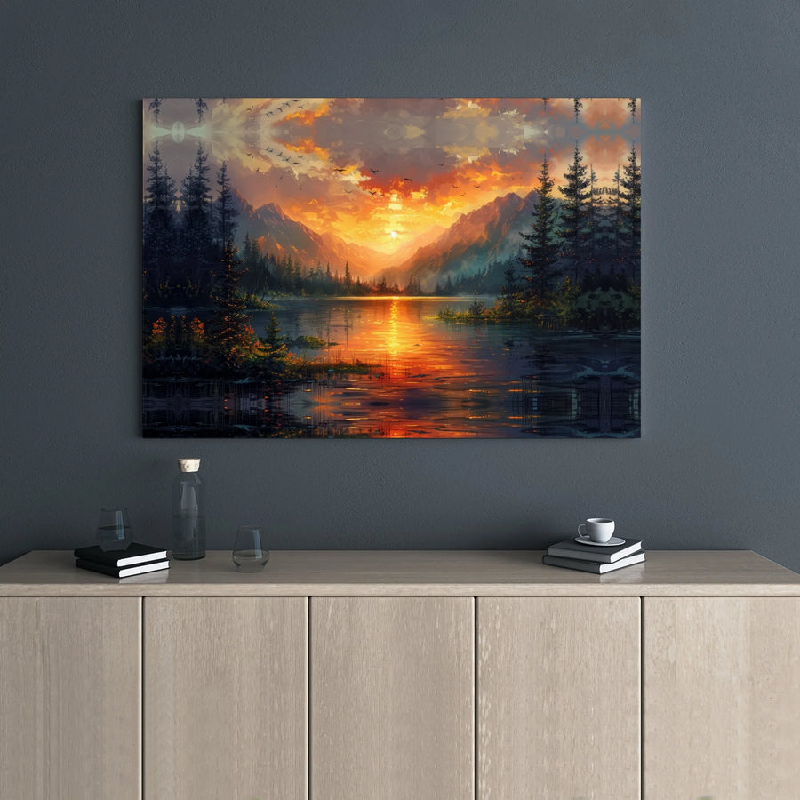 Mountain Sunset Canvas Wall Art | Golden Hour Lake Pine Forest Print | Premium Gallery Wrap Decor | Nature Lover Home Office Gift
