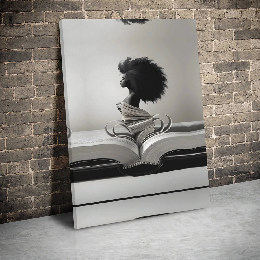 Black Woman Afro Canvas Art | Surreal Book Page Dress Illustration | Premium Gallery Wrap Print | Literary Home Office Decor Gift