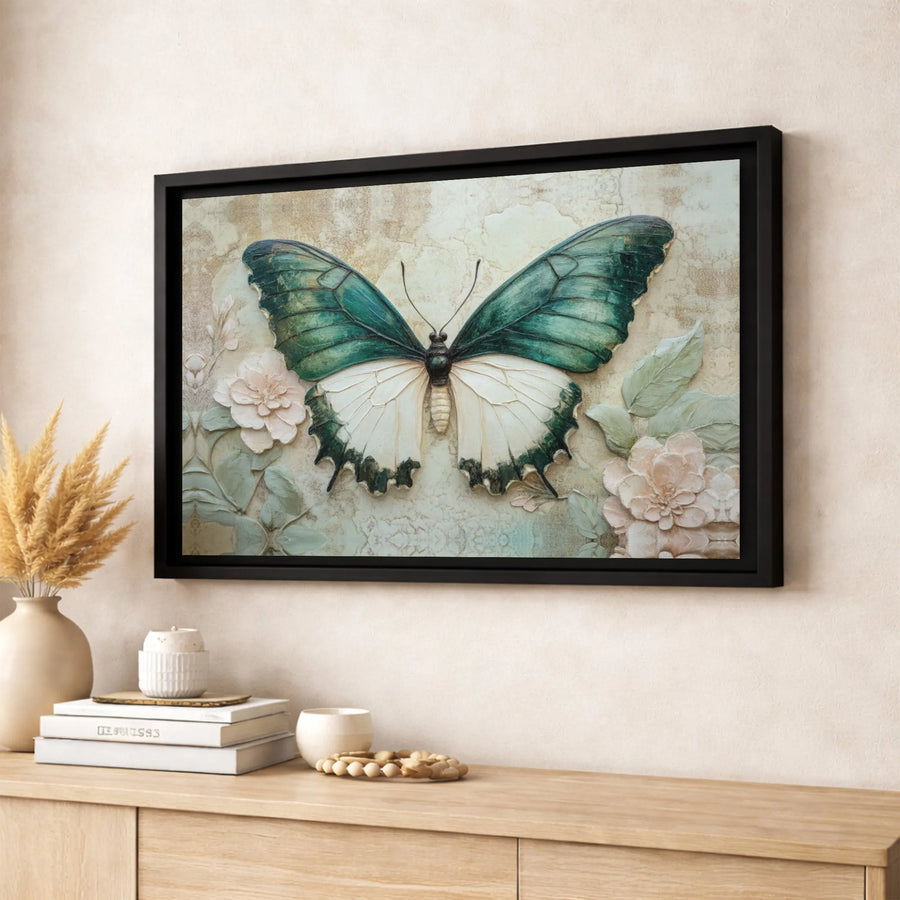 Teal Butterfly Canvas Wall Art | 3D Textured Floral Design | Premium Fade-Resistant Gallery Wrap | Elegant Nature Home Decor Gift