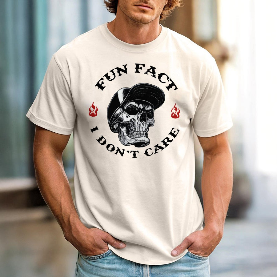 Fun Fact I Don't Care T-Shirt | Edgy Skull Baseball Cap Graphic | Premium 100% Cotton Tee | Sarcastic Slogan Gift for Men and Women