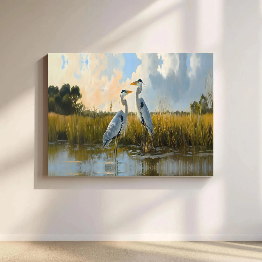 Great Blue Heron Wall Art | Coastal Marshland Landscape Print | Premium 1.25" Gallery Wrapped Canvas | Nature Lover Home Decor Gift