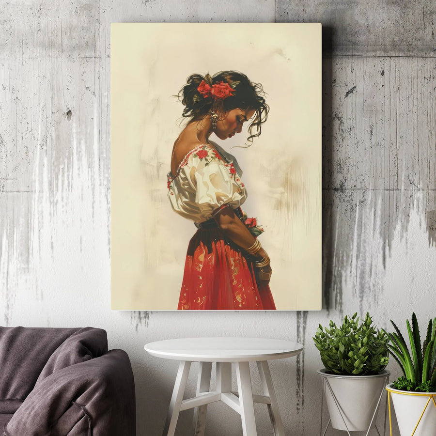 Spanish Woman Canvas Art | Vintage Portrait of Woman with Red Roses | Premium Framed Wall Decor | Hispanic Heritage Home Decor Gift