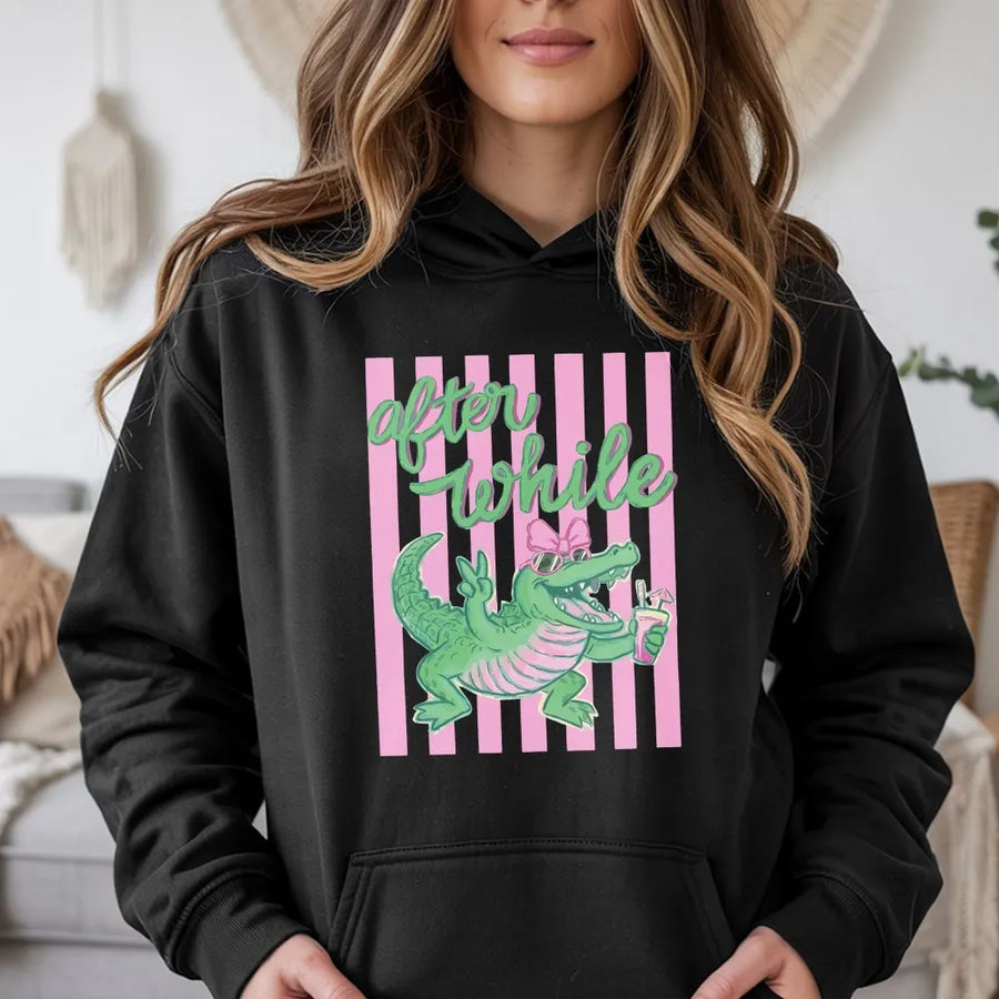 After While Crocodile Hoodie | Funny Pink & Green Gator Graphic | Soft Cotton Blend | Preppy Beach Vacation Gift for Women