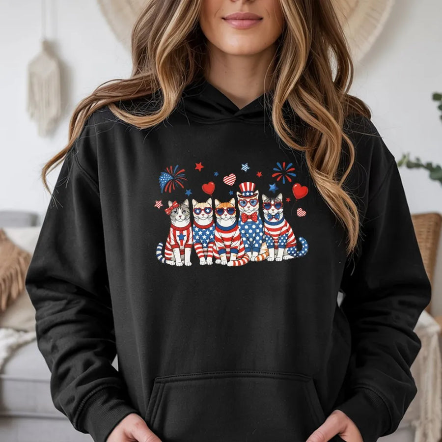 Patriotic Cat Hoodie | Funny American Flag Kittens Graphic | Soft Cotton Blend Crewneck | Fourth of July Gift for Cat Lover