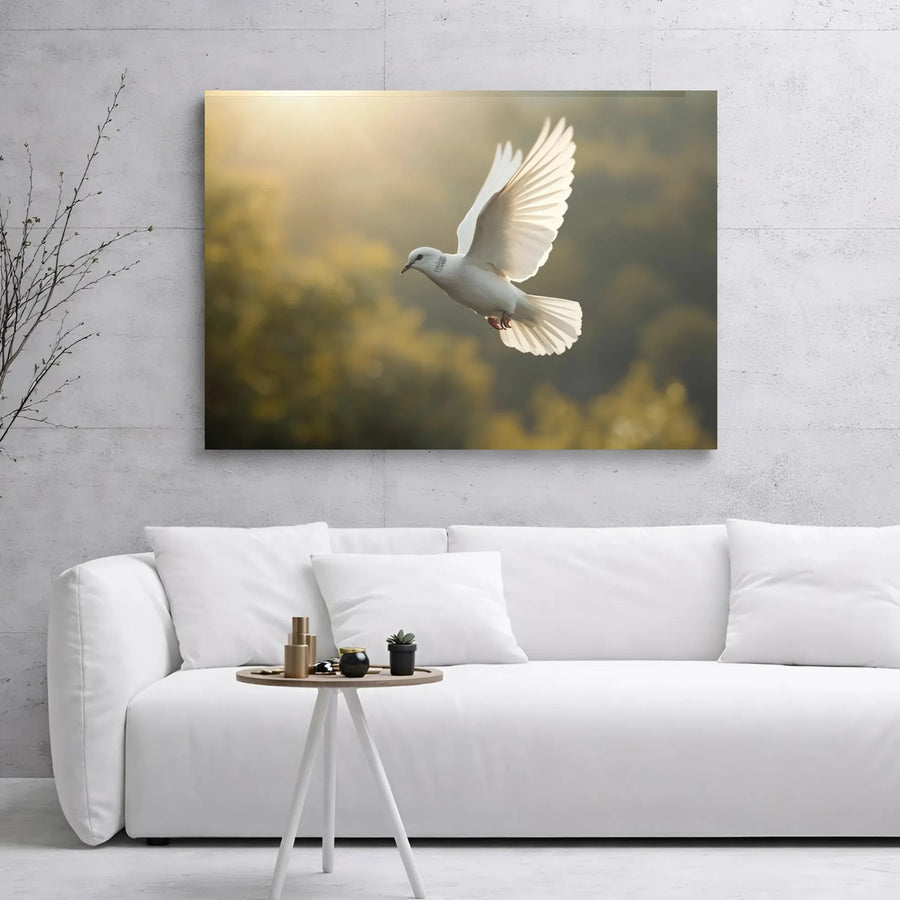 White Dove Canvas Wall Art | Peaceful Bird Flying In Golden Sunlight | Premium Gallery Wrap Print | Serene Nature Home Decor Gift