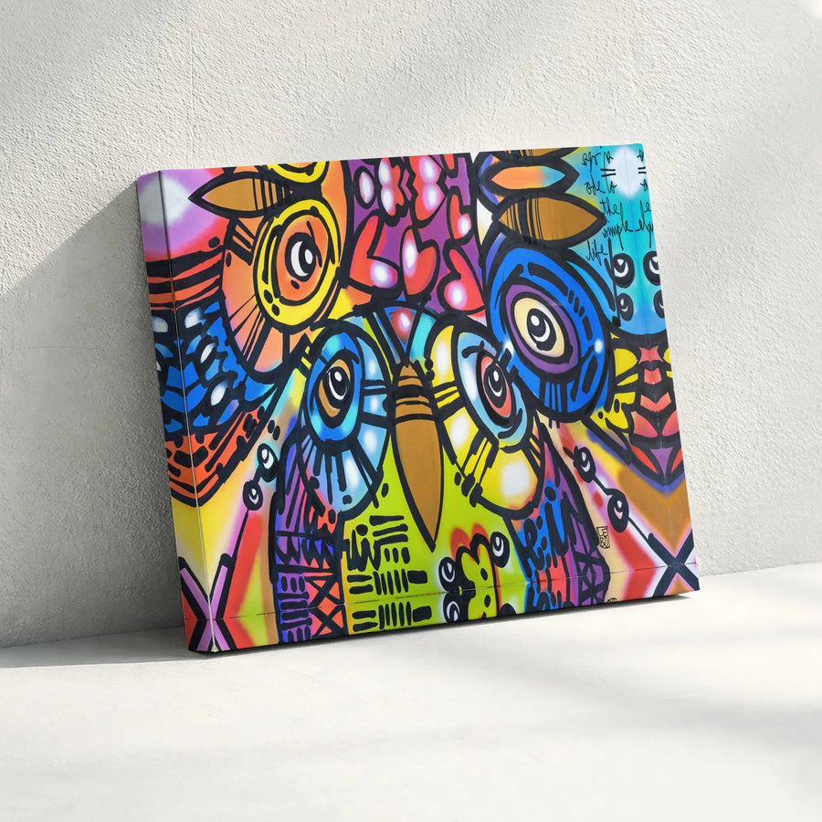 Colorful Owl Wall Art | Graffiti Style Abstract Canvas Print | Premium Gallery Wrapped Decor | Modern Home Office Statement Piece Gift