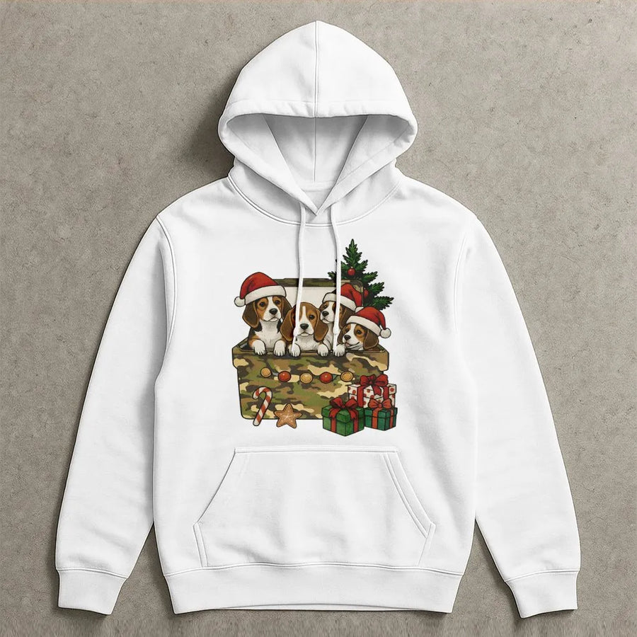 Beagle Christmas Hoodie | Cute Puppies In Gift Box Graphic | Premium Cotton Blend Sweatshirt | Holiday Dog Lover Gift