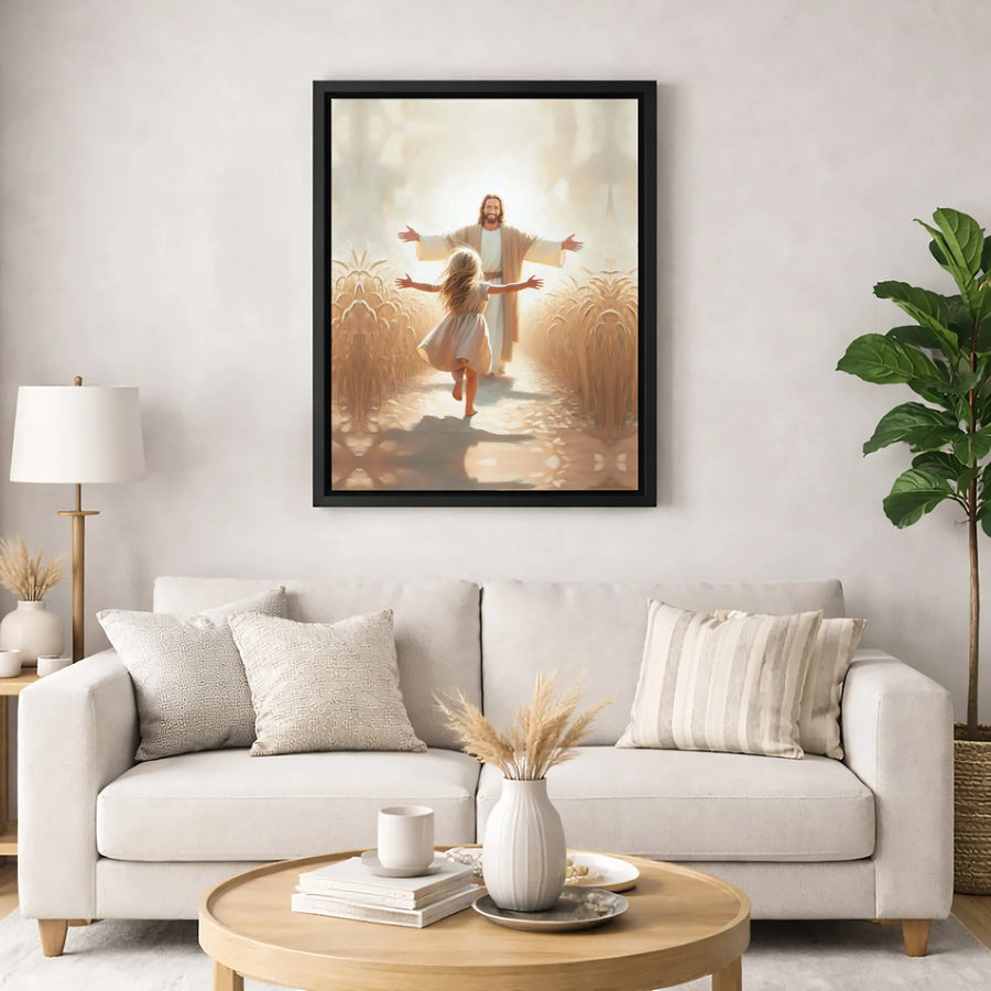 Jesus Welcoming Girl Canvas Wall Art | Wheat Field Spiritual Home Decor | Gallery-Wrapped 1.25-Inch Profile | Inspirational Christian Gift