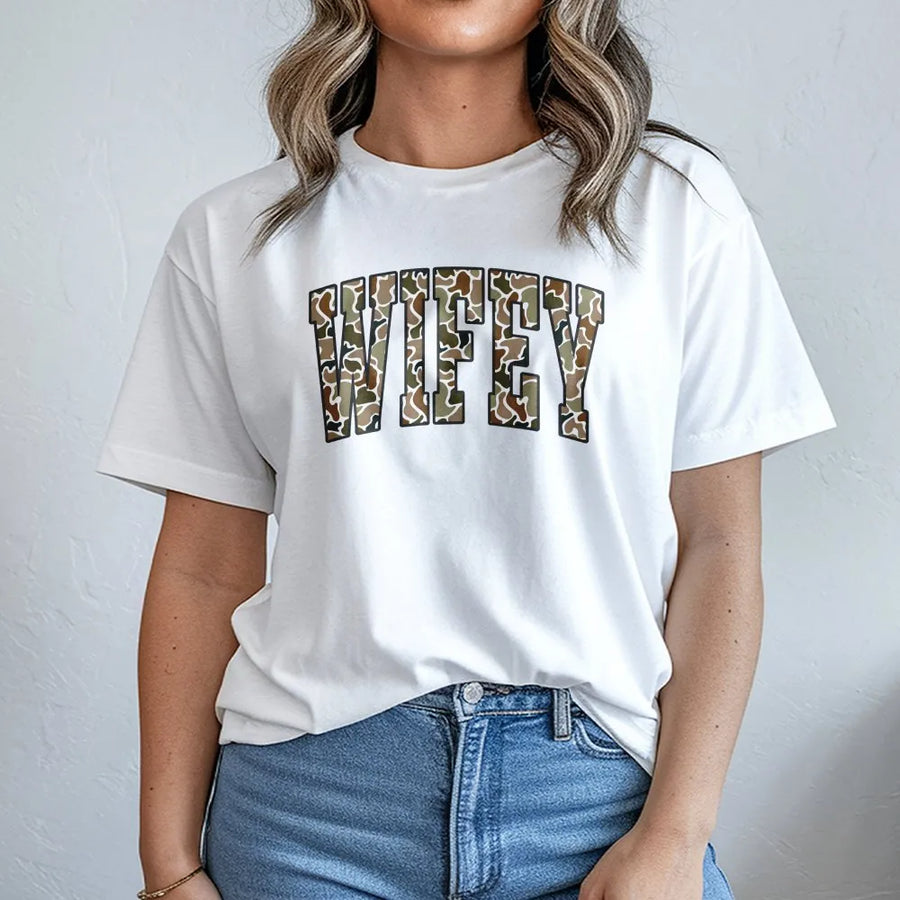 Camo Wifey T-Shirt | Hunting Camouflage Graphic Pullover | Premium Cotton Blend | Anniversary Gift for Wife, Country Girl