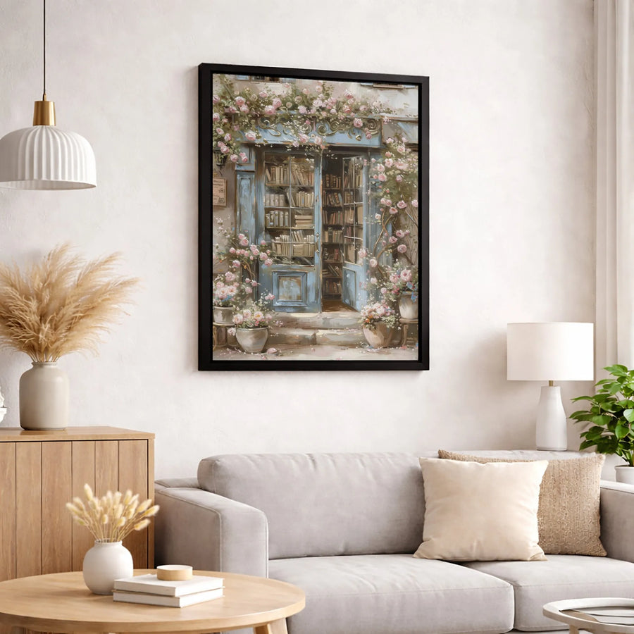 Vintage Bookstore Canvas Print | Romantic French Cafe Floral Art | Premium Gallery Wrapped Wall Decor | Whimsical Library Gift for Book Lovers