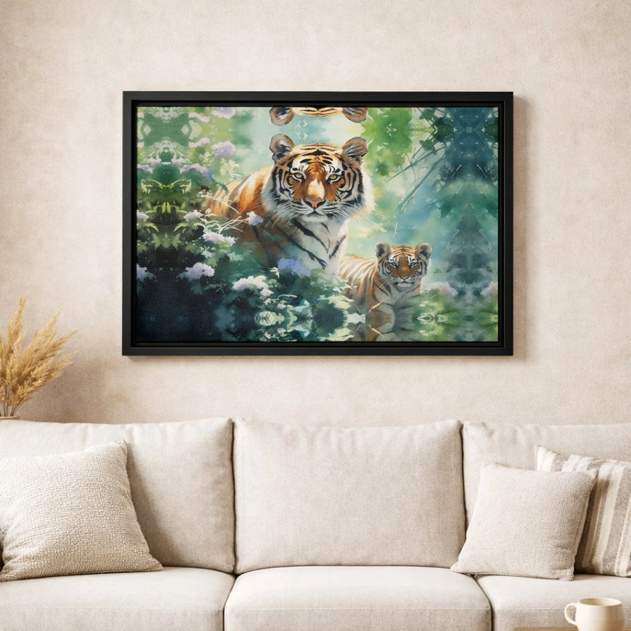 Tiger and Cub Canvas Print | Watercolor Jungle Wildlife Art | Gallery-Quality 1.25-Inch Profile | Nature Lover Home Decor Wall Gift