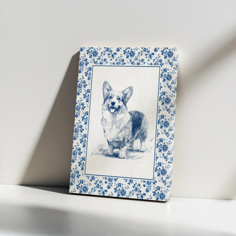 Corgi Wall Art | Blue Sketch Chinoiserie Floral Border | Premium Gallery Wrapped Canvas | Dog Lover Home Decor Gift