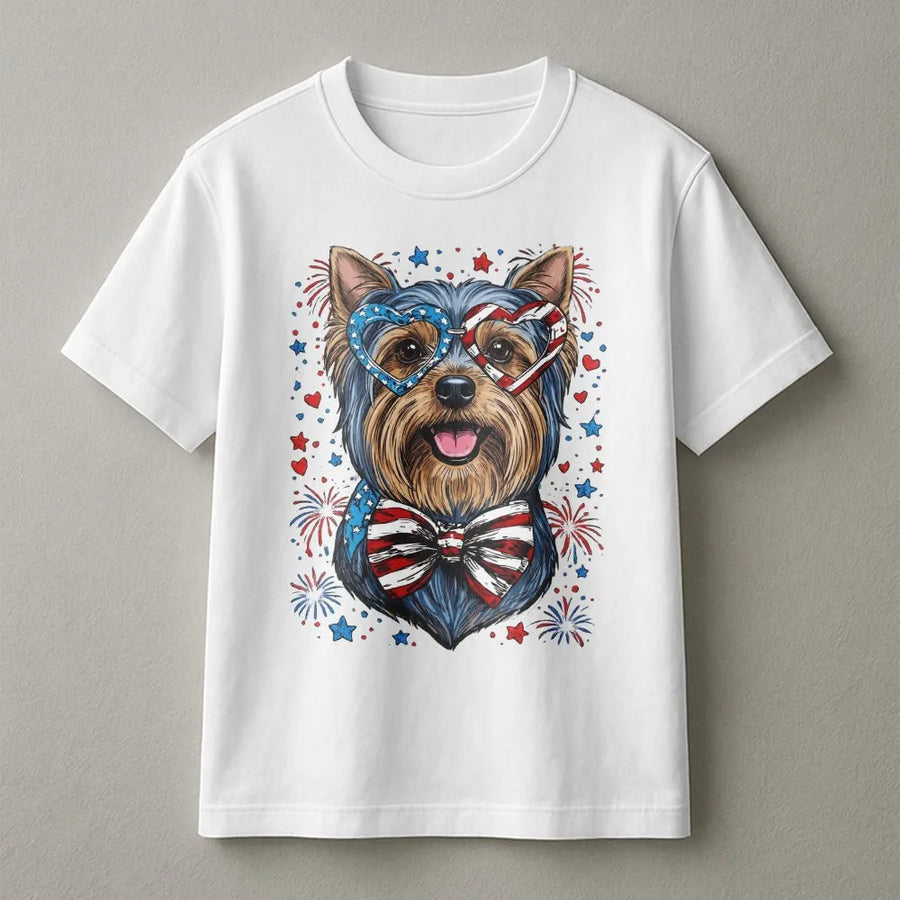 Patriotic Yorkie T-Shirt | USA Flag Sunglasses & Fireworks | Premium Cotton Blend | 4th of July Dog Lover Gift
