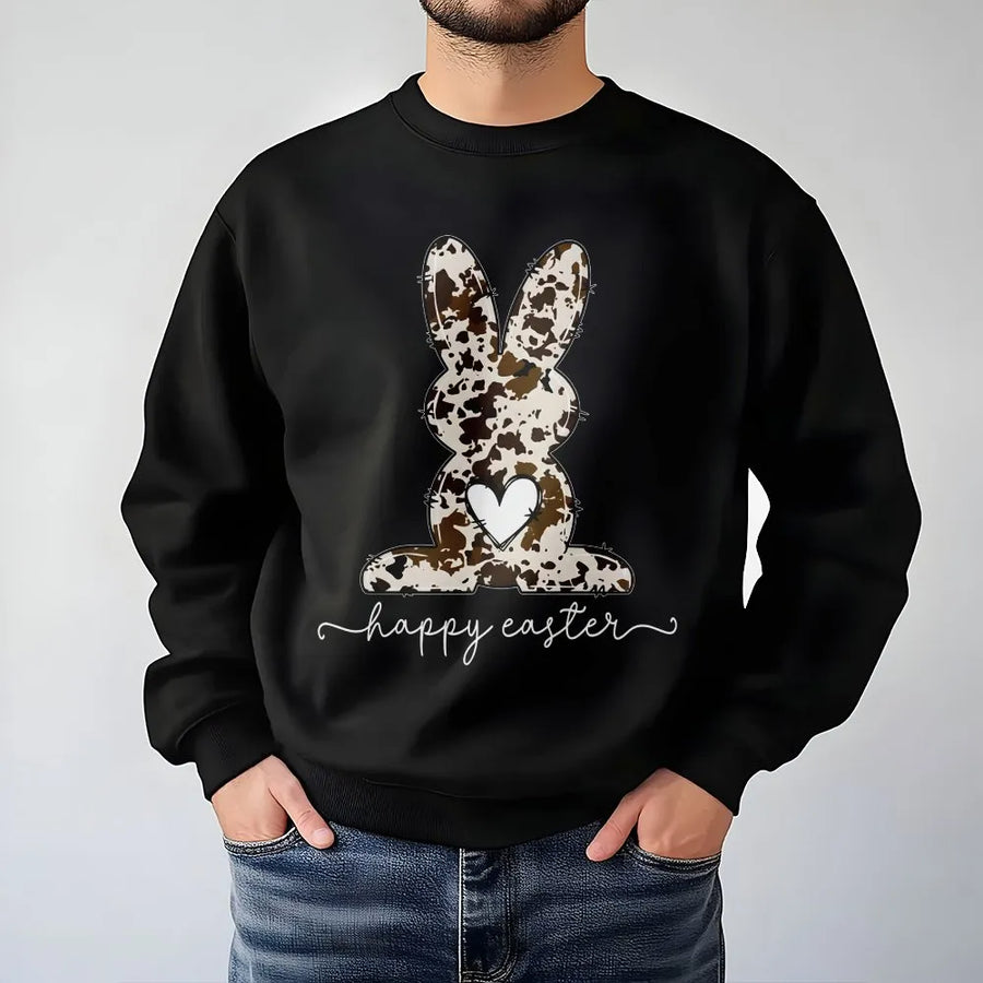 Easter Bunny Sweatshirt | Cow Print Rabbit Heart Graphic | Premium Cotton Blend Crewneck | Cute Holiday Gift For Women And Girls