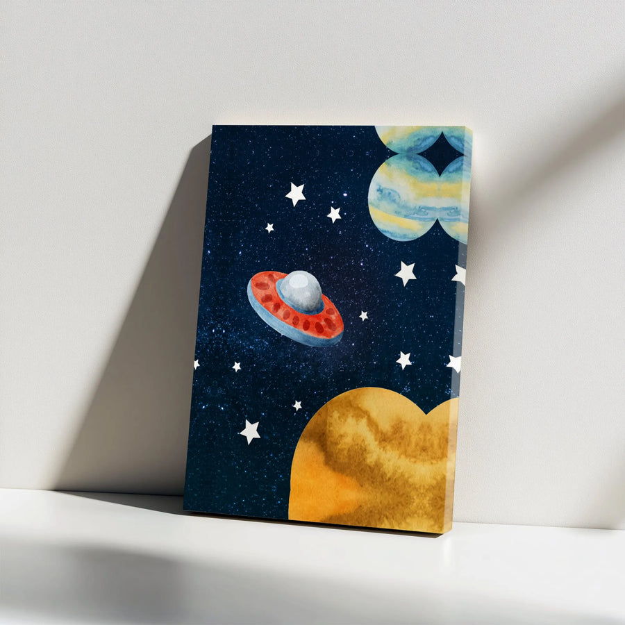 UFO Spaceship Wall Art | Watercolor Outer Space Planet Decor | Premium Gallery-Wrapped Canvas | Kids Room Space Theme Gift
