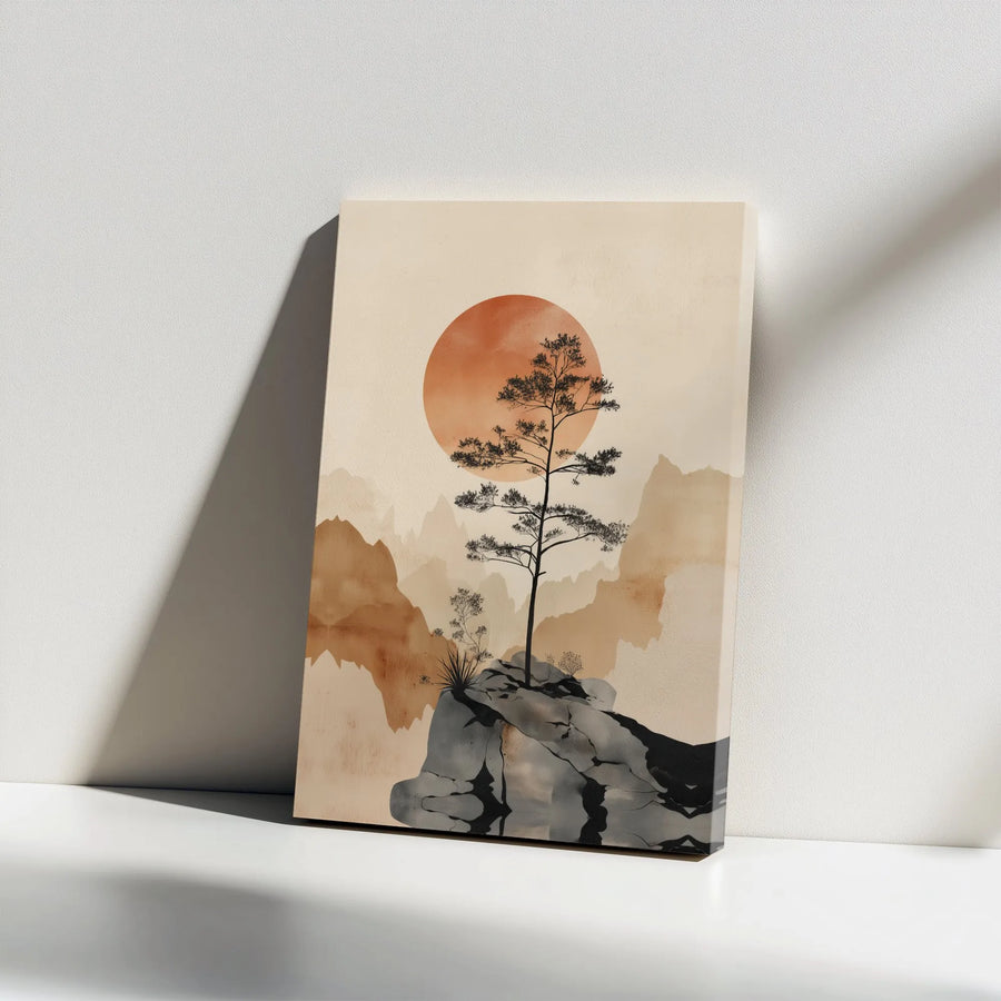 Japanese Zen Canvas Wall Art | Minimalist Pine Tree & Sun Landscape | Premium Gallery Wrapped Canvas | Modern Home & Office Decor Gift