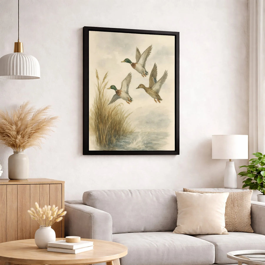 Mallard Duck Canvas Wall Art | Watercolor Flying Ducks Print | Gallery Wrap 1.25 Inch Profile | Rustic Nature Decor for Hunting Lodge Gift