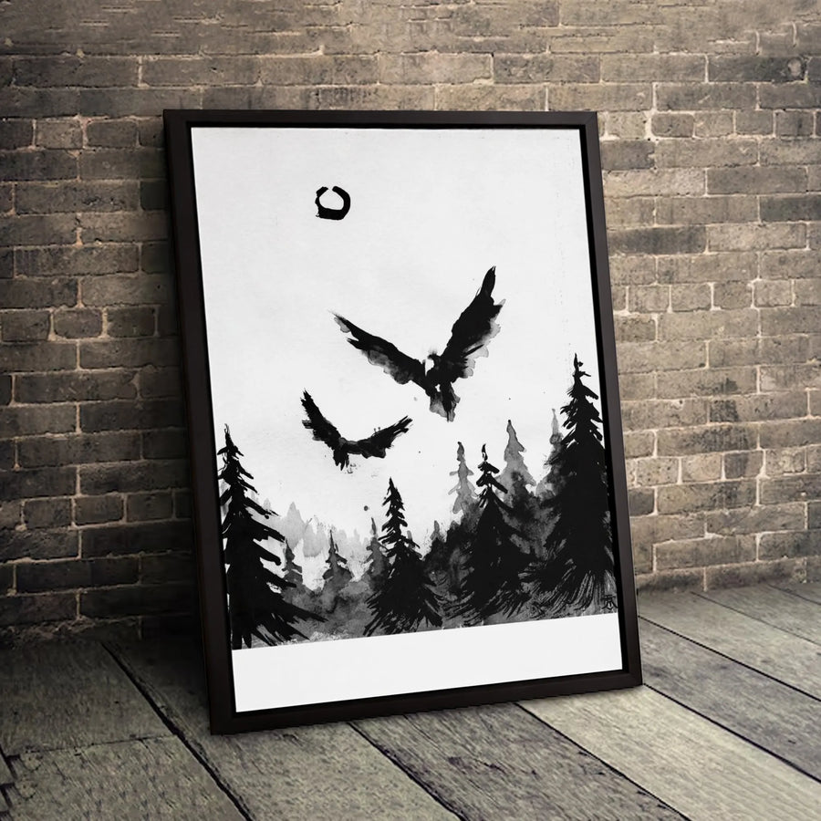 Eagle Wall Art Canvas | Ink Wash Flying Birds Pine Forest Print | 1.25-Inch Premium Gallery Profile | Modern Nature Home Decor Gift