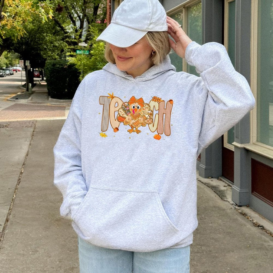 Teacher Turkey Hoodie | Thanksgiving Cute School Fall Design | Soft Cotton Blend | Festive Gift For Teachers & Educators