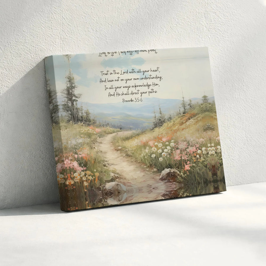 Proverbs 3:5-6 Bible Verse Canvas Wall Art | Wildflower Path Landscape Painting | Premium Gallery Wrap Print | Christian Home Decor Gift