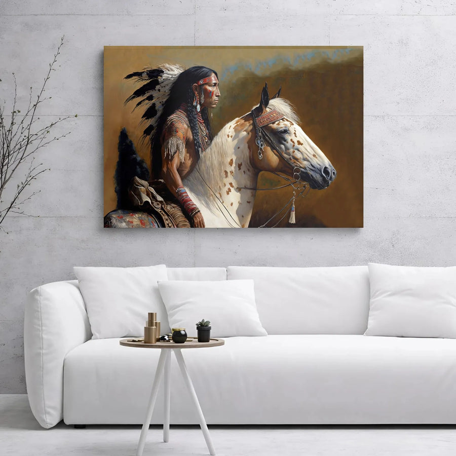 Native American Chief Wall Art | Appaloosa Horse Oil Painting Style | 1.25-Inch Gallery Wrap Canvas | Western Home Decor Gift