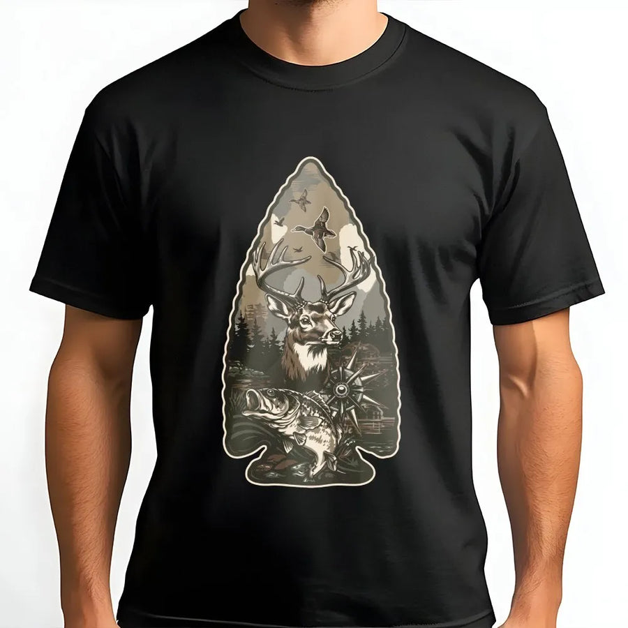 Hunting Season T-Shirt | Arrowhead Graphic with Deer, Bass & Ducks | Soft Cotton-Blend Sweatshirt | Premium Outdoorsman Gift
