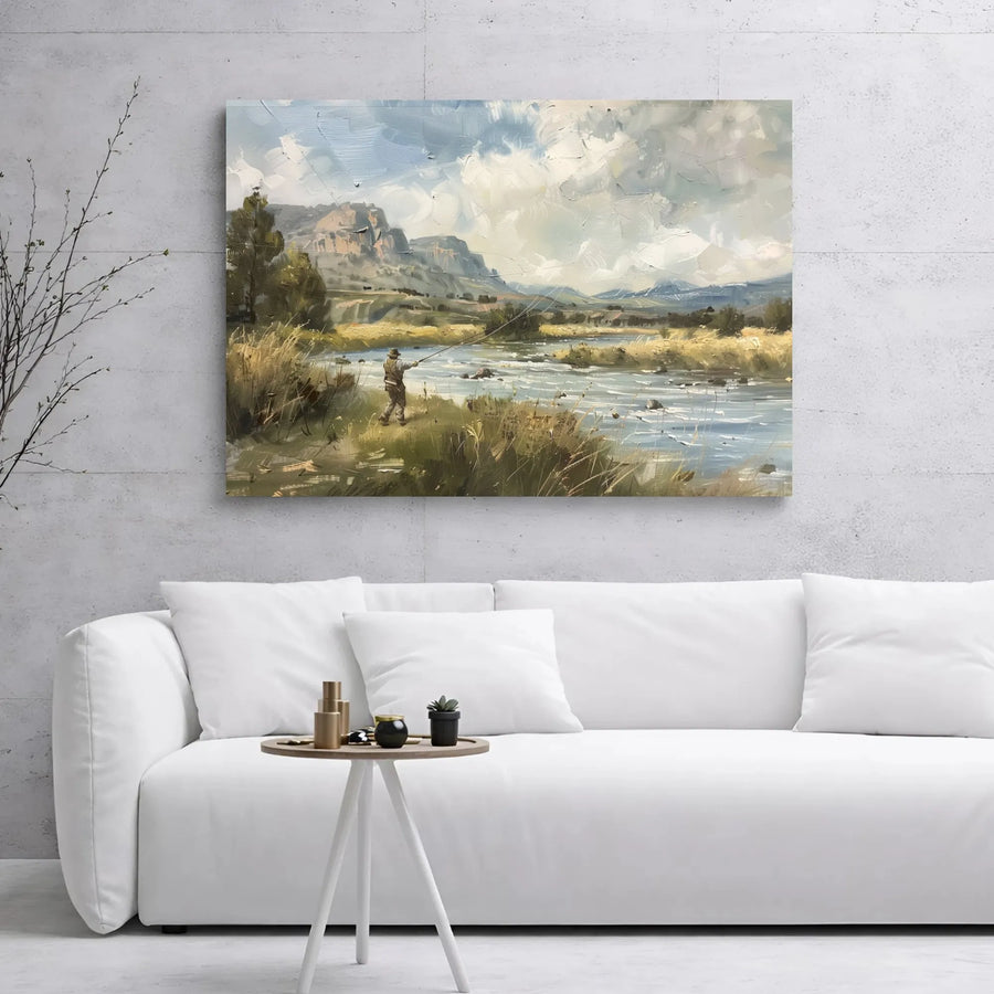 Fly Fishing Canvas Wall Art | Mountain River Oil Painting Style | Premium Gallery Wrap Print | Nature Gift for Fisherman & Office Decor