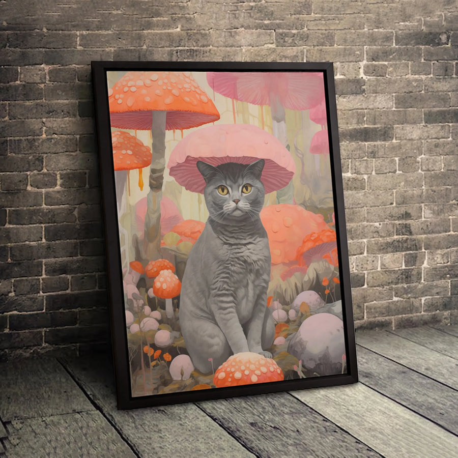 Gray Cat Wall Art | Whimsical Mushroom Forest Canvas Print | 1.25-Inch Gallery Wrap | Cute Cottagecore Decor Gift For Cat Lovers