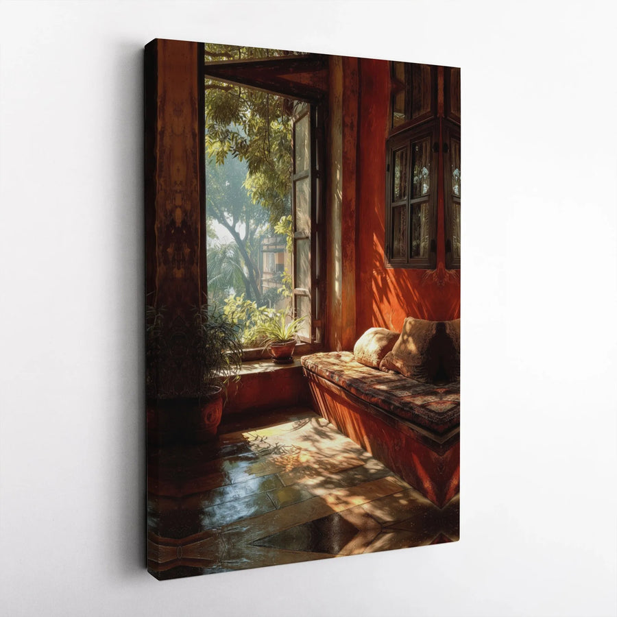 Rustic Window Nook Canvas Print | Terracotta Sunlit Interior Art | Premium Gallery Wrap Wall Decor | Warm Bohemian Home Accent