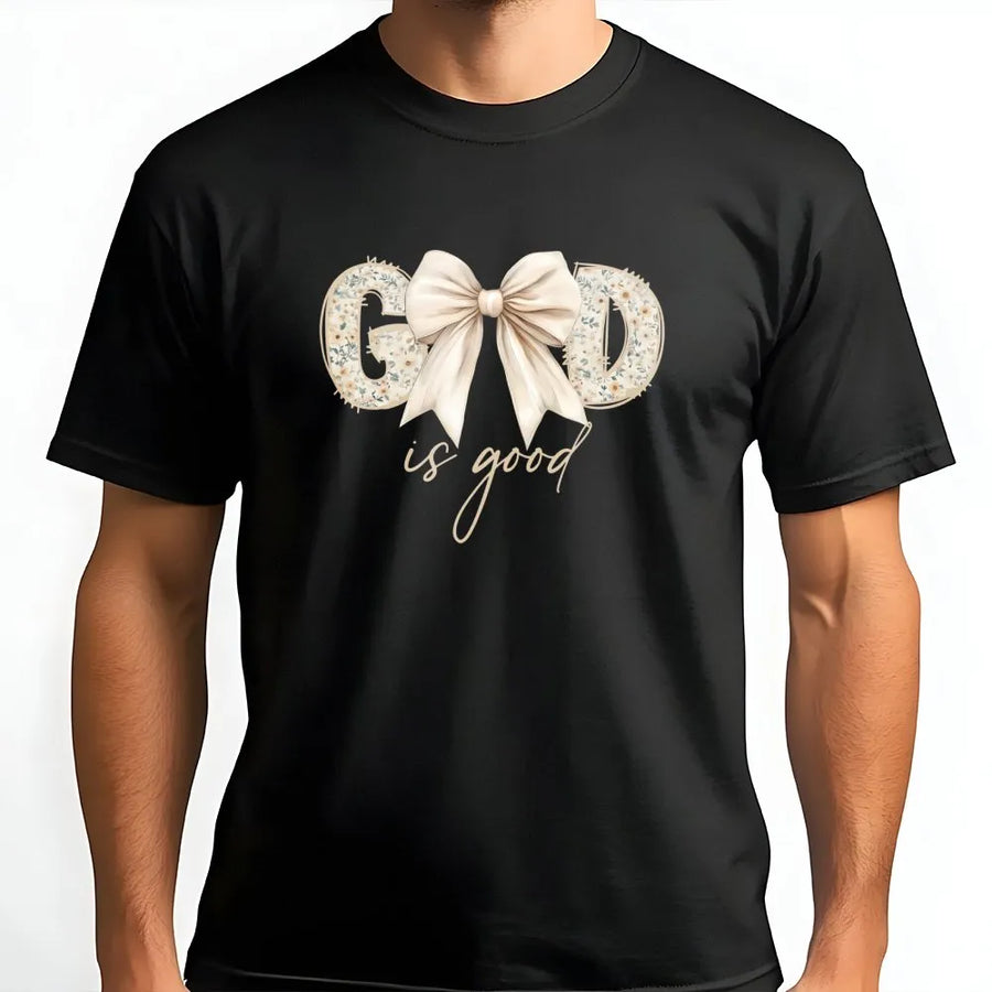 God Is Good T-Shirt | Floral Bow Aesthetic Graphic Tee | Premium Cotton Soft Crewneck | Christian Faith Gift for Women & Teens